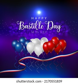 Happy Bastille day celebration with ribbon and balloon. vector illustration design