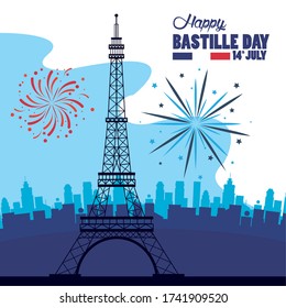 happy bastille day celebration with tower eiffel and fireworks vector illustration design