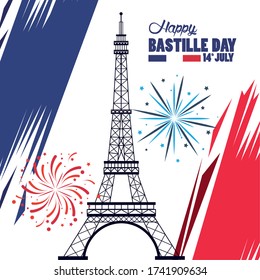 happy bastille day celebration with tower eiffel and fireworks vector illustration design