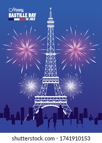 happy bastille day celebration with tower eiffel and fireworks vector illustration design