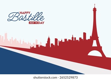 Feliz Dia da Bastilha Vetor de celebração com horizonte de Paris. Vetor plano do Dia da Bastilha com horizonte de Paris e Torre Eiffel em tricolor francês. Perfeito para os desenhos de férias nacionais franceses.