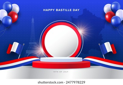 Happy Bastille Day circle podium design with wavy flags and balloons on dark blue background. French National day vector illustration template for web, banner, flyer, poster.