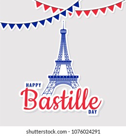 Happy Bastille Day concept with eiffel tower and bunting flags.