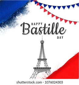 Happy Bastille Day concept with eiffel tower and bunting flags on blue, white and red background.