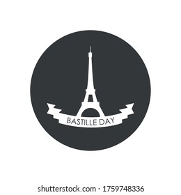 Happy bastille day concept, eiffel tower and ribbon over white background, block silhouette style, vector illustration