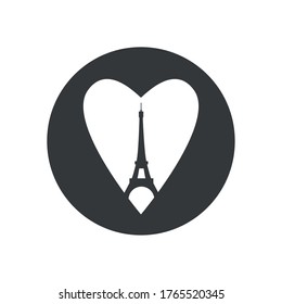 Happy bastille day concept, heart with eiffel tower over white background, block silhouette style, vector illustration