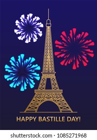 Happy Bastille day Eiffel tower fireworks on the background of the flag of France. Greeting card. vector illustration.