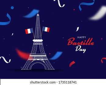 Happy Bastille Day Font with Eiffel Tower Monument and France Flags on Purple Background Decorated with Confetti.