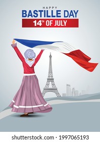 happy bastille day France 14th of July, girl holding with French flag. vector illustration. greeting card design