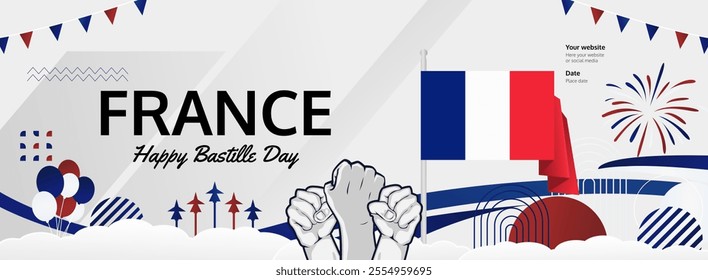 Happy Bastille Day France concept vector background illustration. National Independence Day spirit banner concept in French flag colors.