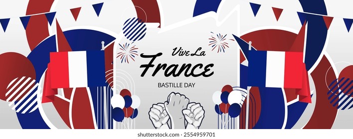 Happy Bastille Day France concept vector background illustration. National Independence Day spirit banner concept in French flag colors.