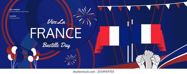 Happy Bastille Day France concept vector background illustration. National Independence Day spirit banner concept in French flag colors.