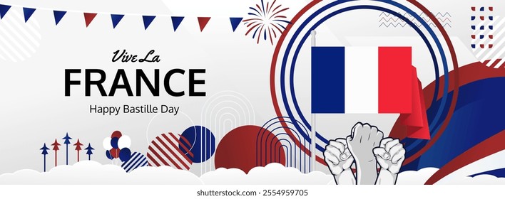 Happy Bastille Day France concept vector background illustration. National Independence Day spirit banner concept in French flag colors.