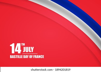 Happy bastille day of France country with tricolor curve flag and typography background