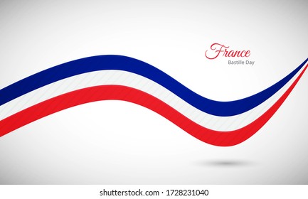 Happy bastille day of France. Elegant shiny wavy France flag background with text typography.