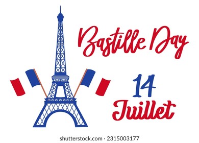 Feliz Día de la Bastilla. Afiche de la fiesta nacional en Francia. Torre Eiffel y letras escritas a mano. Ilustración, vector