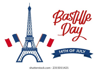 Feliz Día de la Bastilla. Afiche de la fiesta nacional en Francia. Torre Eiffel y letras escritas a mano. Ilustración, vector