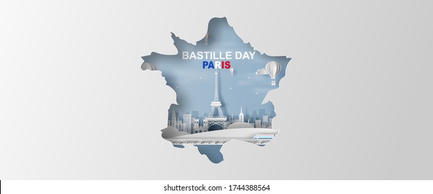 Happy Bastille Day. French National Day poster and banner concept. Paper craft and cut style of map French Traveling holiday landmarks Eiffel tower Paris city. Festival season.Vacation party vector