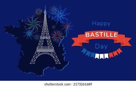 Happy Bastille Day, the French National Day poster and concept design. France independence day celebration card. Red, white, blue horizontal banner. Vector
