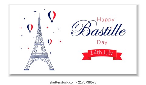 Happy Bastille Day, the French National Day poster and concept design. France independence day celebration card. Red, white, blue horizontal banner. Vector