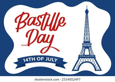 Happy Bastille Day. French National Day poster. Eiffel Tower and lettering. Illustration, vector