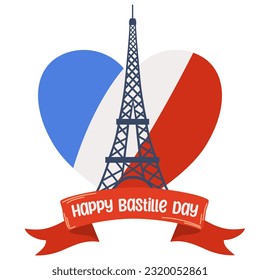 Feliz día de la bastilla. Afiche del Día Nacional Francés con la Torre Eiffel. Ilustración vectorial plana aislada en fondo blanco