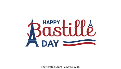 Happy Bastille Day. French National Day, 14th of July. Handwritten text modern calligraphy with the Eiffel Tower. Great for celebrating Happy Bastille Day. Vector illustration.