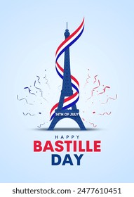 Feliz Día de la Bastilla. Afiche del Día Nacional de Francia con la bandera de Francia y la Torre Eiffel. Diseño de Vector de ilustración creativa.