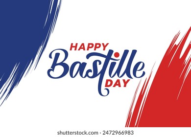 Happy Bastille Day greeting with beautiful lettering and French flag background for French National Day greeting cards, banners, flyers, etc.