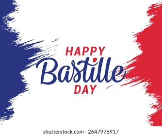 Happy Bastille Day greeting with beautiful lettering and a French flag background for French National Day greeting cards, banners, flyers, and more.