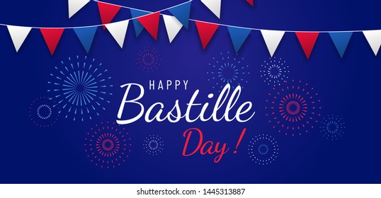 Happy Bastille day greeting card or banner design with text and fireworks illustration, with flags on blue dark background. - Vector