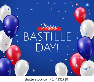 Happy Bastille day. Greeting card or banner design for French National Day with air balloons and confetti on blue background. - Vector