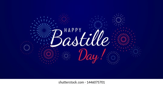 Happy Bastille Day greeting card design with fireworks illustration on blue background. National holiday in France. - Vector