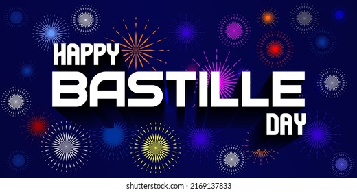 Happy Bastille Day greeting card design with fireworks illustration on blue background. 