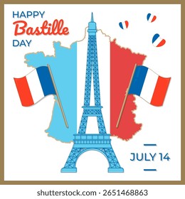 Happy Bastille day greeting card. Flat vector illustration.
