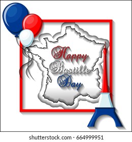 Happy Bastille Day greeting card template with France map silhouette, Eiffel tower, balloons, frame and text. Vector illustration.