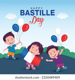 Felices saludos del día de la bastilla con feliz diseño de ilustraciones vectoriales para niños