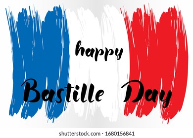 Happy Bastille day hand lettering text with national flag of France for national holiday. Greeting card., banner or wallpaper. Vector 10 EPS