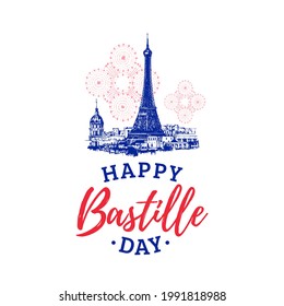 Happy Bastille Day, hand lettering on Eiffel tower background. French national holiday design concept in vector. Used for greeting card, poster etc.