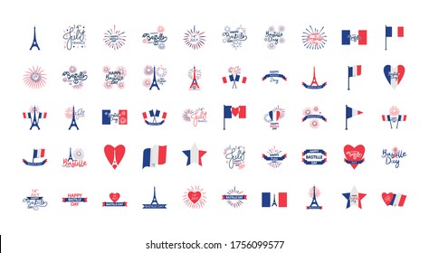 Happy bastille day icon set over white background, flat style, vector illustration