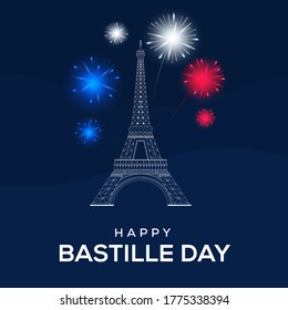 happy bastille day illustrator vector, eiffel tower and fireworks with blue background