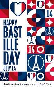 Happy Bastille Day. July 14. Holiday concept. Template for background, banner, card, poster with text inscription. Vector EPS10 illustration