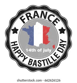 Happy Bastille Day, July 14. Viva France s national day. Vector Illustration. Stamp, round emblem. Grey. Suitable for the design of your poster, banner, campaign, and a postcard.