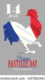 Happy Bastille Day, July 14th. Viva France National Day. Rooster in the colors of the flag of France.