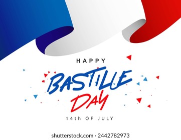 Happy Bastille Day, July 14th. National holiday of France. The canvas of the French flag fluttering in the wind. Vector illustration on a white background.