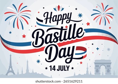 Feliz Dia da Bastilha com fita, Torre Eiffel e fogos de artifício para a França Dia da Independência 14 de julho impresso