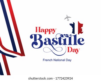 Happy Bastille Day (National French Day) Creative Design with Blue, Red & Grey Color and white background, France map & aeroplane