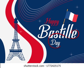 Happy Bastille Day (National French Day) Creative Design with Flag Color, Creative Lettering, Pattern and Blue, Red Background