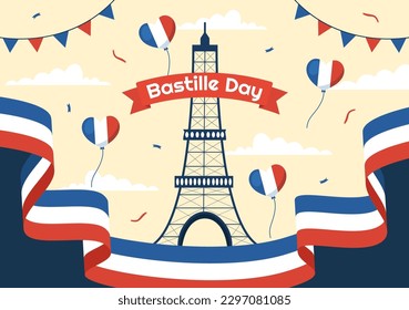 Feliz Día de la Bastilla, 14 de julio Ilustración vectorial con bandera francesa y Torre Eiffel en mano de caricatura plana dibujada para plantillas de páginas de aterrizaje