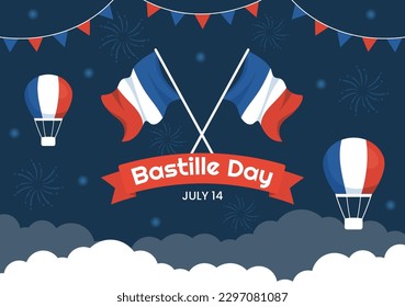 Feliz Día de la Bastilla, 14 de julio Ilustración vectorial con bandera francesa y Torre Eiffel en mano de caricatura plana dibujada para plantillas de páginas de aterrizaje